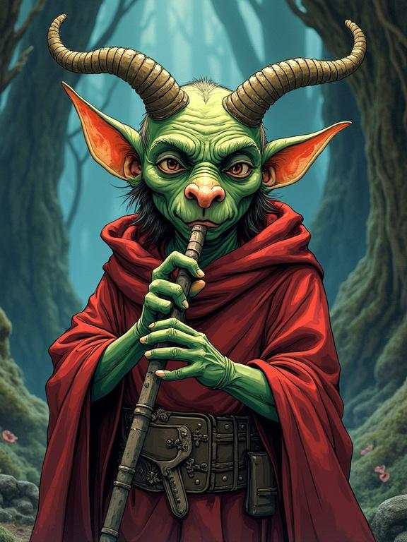 A goblin playing a flute is pictured. Goblin features include horns and green skin. Dressed in a red robe with a belt. Background has intricate details with a dark fantasy vibe. Style mimics graphic novels with heavy line work and anime-inspired colors.
