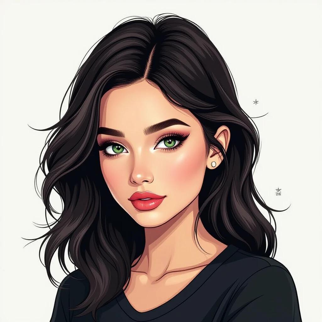 Create a dark themed illustration featuring a character with an expressive face and striking features. Emphasize the character's youthful beauty and captivating eyes with an artistic style.
