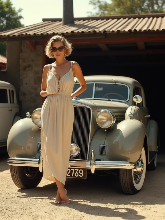 A hyper-photorealistic digital illustration shows a confident curvy woman beside a classic 1930s car. She wears cream beach pajamas with a flowing design. The background includes a corrugated metal-roofed garage and soft sunlight suffusing the scene. The woman has a short wavy hairstyle. A vintage aesthetic is captured with large car headlights and gravel ground.
