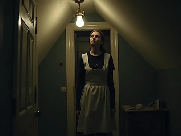 Mansion attic room with dim lighting. Young woman in maid uniform stands near locked door. Tense expression. Eerie claustrophobic atmosphere. Dark secrets linger in household.