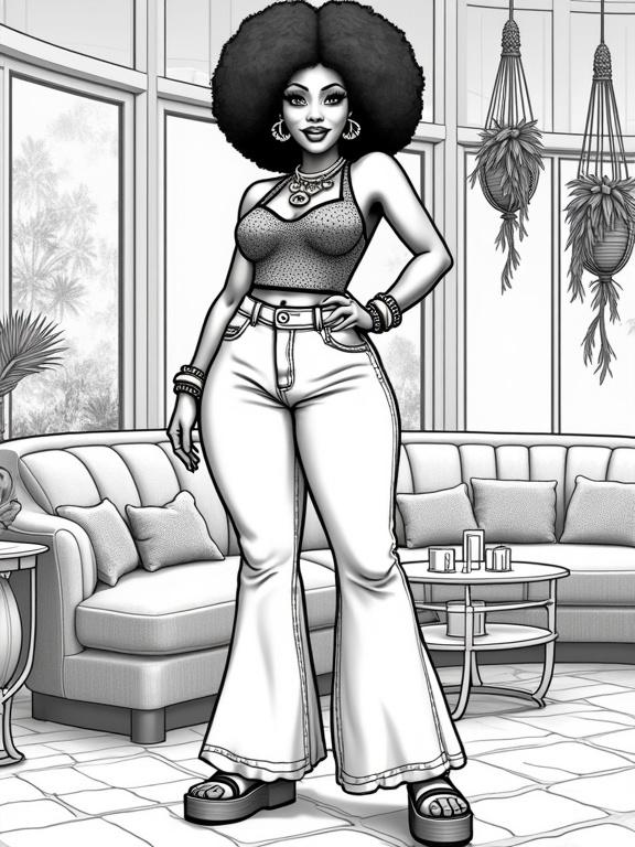 African American woman with curvaceous hourglass figure and voluminous afro hairstyle. Wears high-waisted bell bottom jeans and fitted halter top with geometric patterns. Styled with large gold hoop earrings and layered gold chains. Bold makeup with winged eyeliner and glossy lips. Standing confidently with one hip cocked in a retro lounge atmosphere featuring velvet sofas and hanging plants.