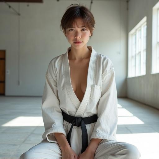 Young woman standing in a modern dojo wearing a karate gi. She has a short hairstyle. Her outfit is slightly opened. She poses casually and confidently. A slight smile is present. The background is bright and minimalistic. Natural light enhances the scene. The image has a photo-realistic style with high detail.