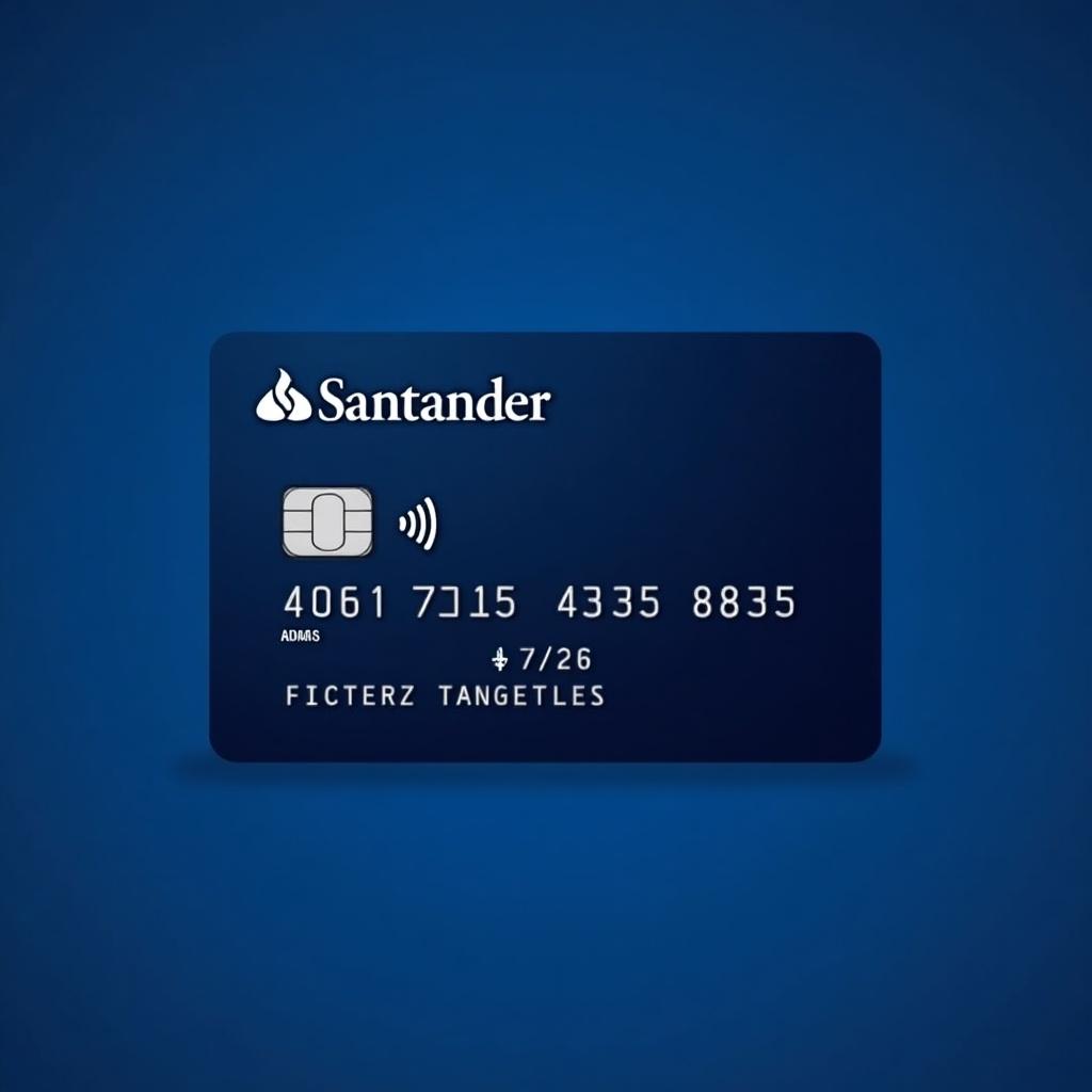 Modern credit card design features Santander bank name. Dark blue background creates a professional look. The card includes white details including the number and expiration date. Contactless payment symbol shows its capabilities. Design suitable for online banking and financial promotions.