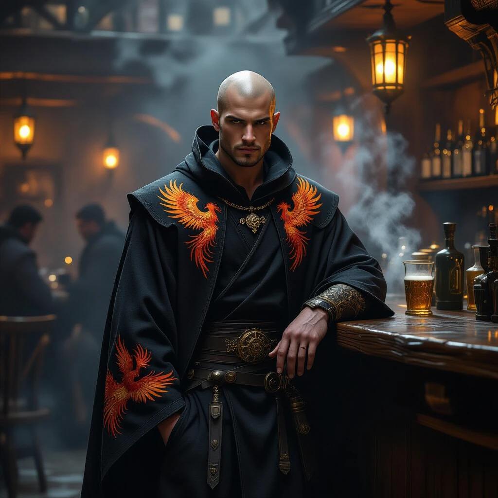 A bald young wanderer in dark embroidered robes stands in a dimly lit tavern. The tavern is smoky with chatter. The atmosphere is gritty. He leans against the bar. Volumetric lighting creates an enchanting mood.