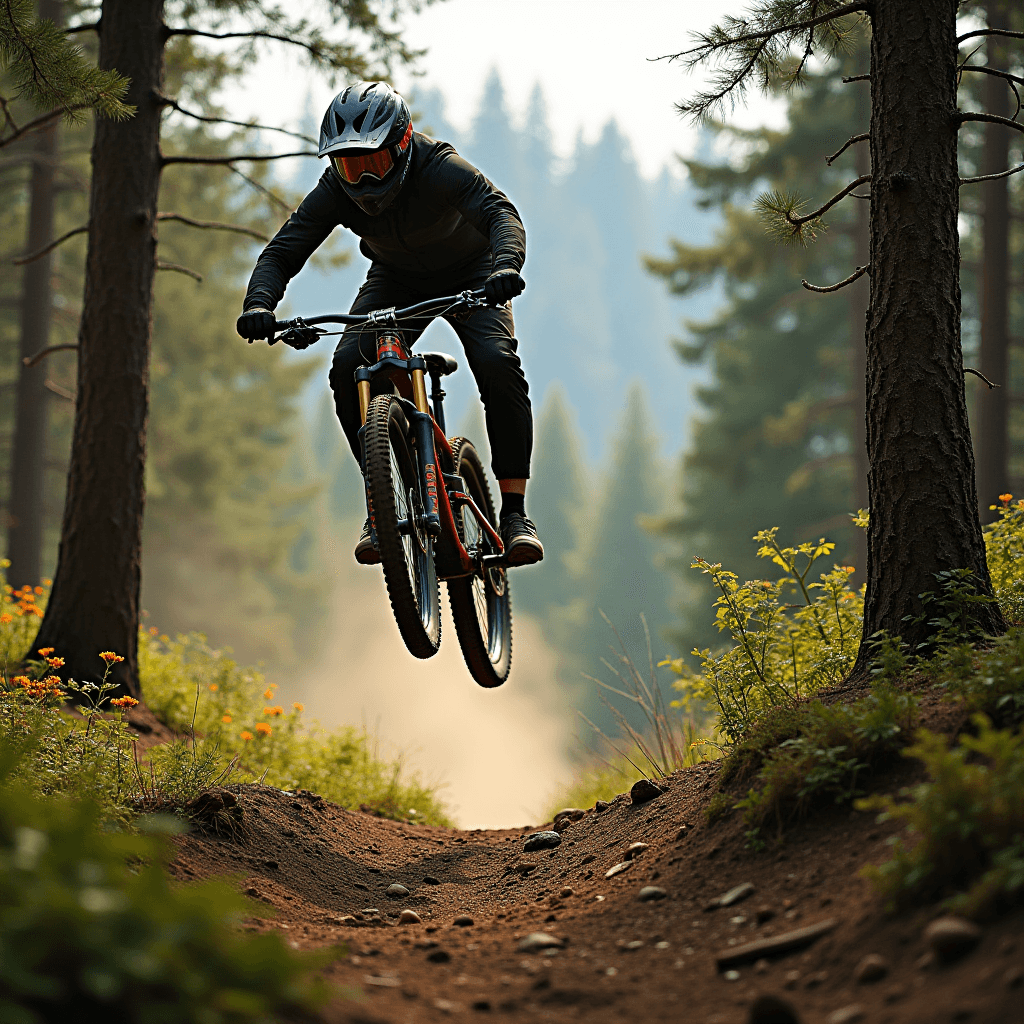 A mountain biker jumps over a dirt trail in a lush forest setting.