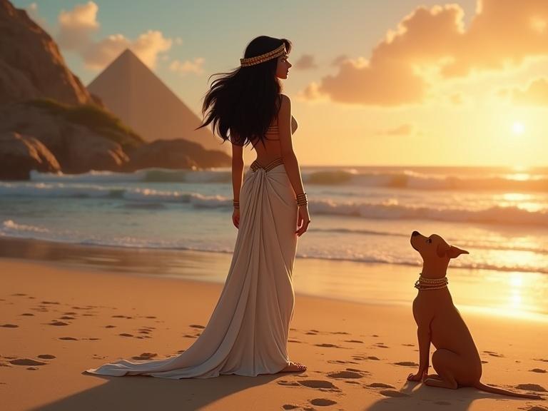 Cleopatra on a beach during sunset. She strikes a side pose. Dramatic background with ocean waves. Realistic style reminiscent of Disney animations. Perfect composition highlights her silhouette.