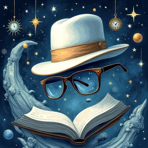 Stylized logo features surreal illustration of floating white fedora hat and glasses. Surrounded by swirling elements representing fantasy and imagination with stars, floating books, clock gears, cosmic energy, ancient runes. Painterly and expressive style with organic and futuristic motifs. Color palette of deep blues, silver, white, and golden highlights. Magical and mysterious atmosphere.