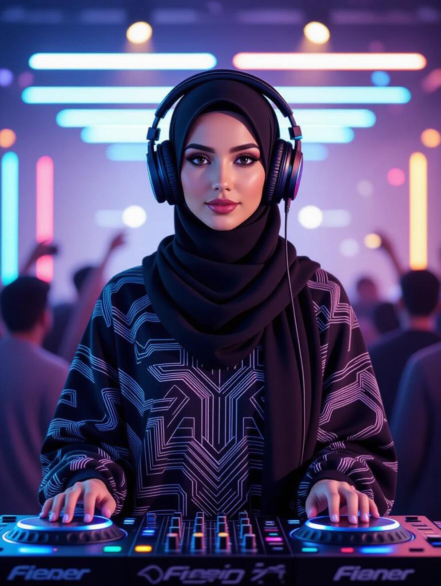 Stylish female DJ performs at a live indoor event. She wears a black hijab and oversized headphones. The outfit includes a long-sleeve hoodie and wide-leg pants. Hands actively engage with the DJ controller. Colorful LED lights illuminate the scene. A blurred crowd is present in the background. The overall ambiance is modern and empowering.