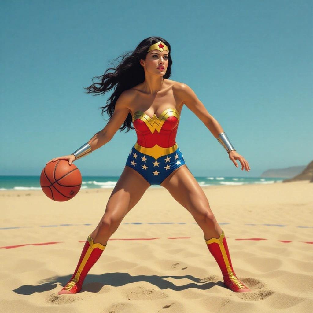 Woman dressed as Wonder Woman playing basketball at Venus beach California