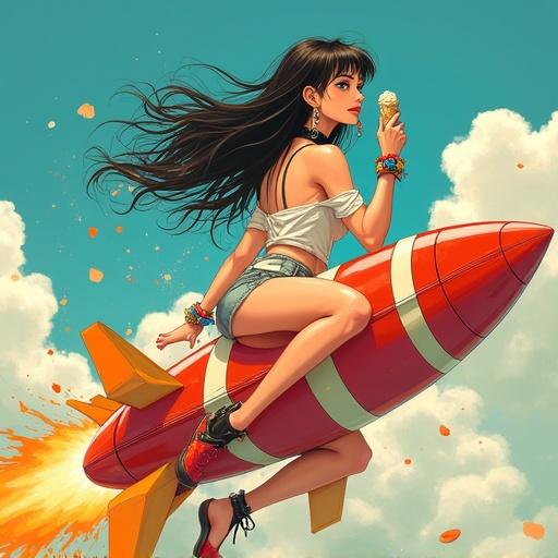 A Ghibli style illustration featuring a young woman riding a colorful rocket. She has ice cream in one hand, which is splattering. She wears a black choker with a dangling ring and bright bracelets. The rocket is striped and vibrant. The woman has bold makeup and long earrings.