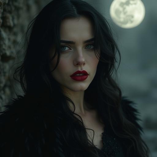 A pale-skinned vampire with sensual beauty and an enigmatic aura. Deep captivating eyes filled with mystery. Delicate fangs barely visible between red lips. Seductive and dangerous expression. Wearing an elegant dark dress. Set against a night or gothic backdrop, like an ancient castle or mist under the full moon. Soft lighting highlights perfect features and supernatural aura.