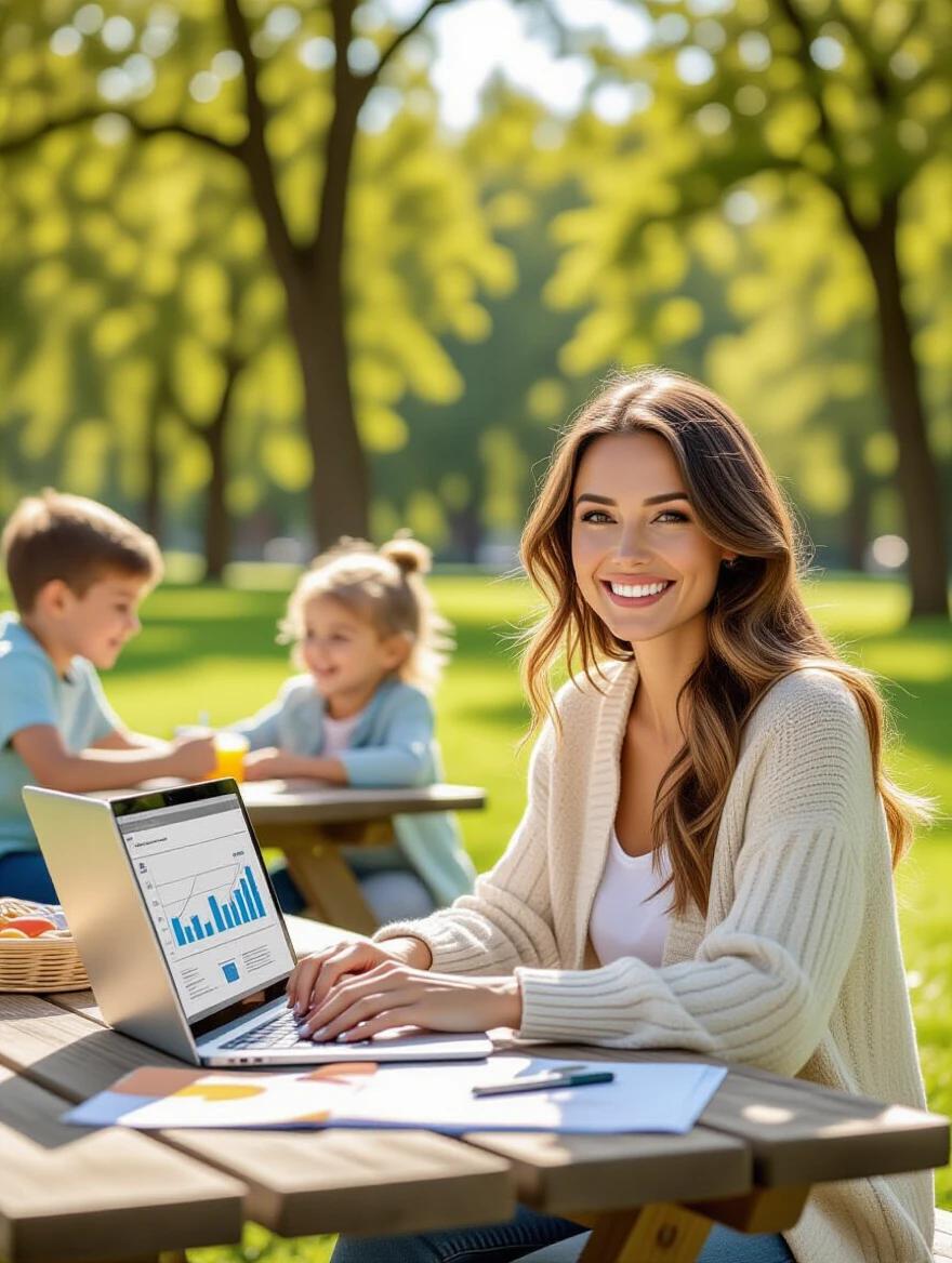 Photographic image depicting a mother with her laptop open at a picnic table. She looks relaxed and happy. Two children play nearby in a lush green park. Vibrant colors enhance the joyful atmosphere with natural light.