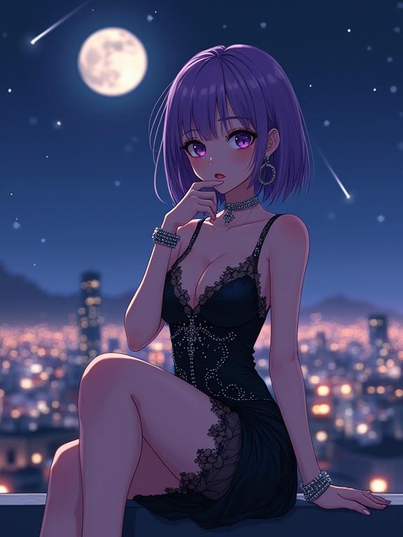 Anime character with short violet hair and bangs. Purple eyes and fair skin. Elegant makeup designed. The character wears a black sparkly evening dress with rhinestones and sheer mesh. Luxury earrings and silver bracelet present. Character poses seductively. Hand rests on chin with a confident gaze. The character sits on a city rooftop at night. Clear starry sky with many stars. Full moon in view with moonlight reflections. Glowing city lights below create ambiance. Gentle breeze enhances the serene romantic atmosphere. Image has a 3:4 aspect ratio.