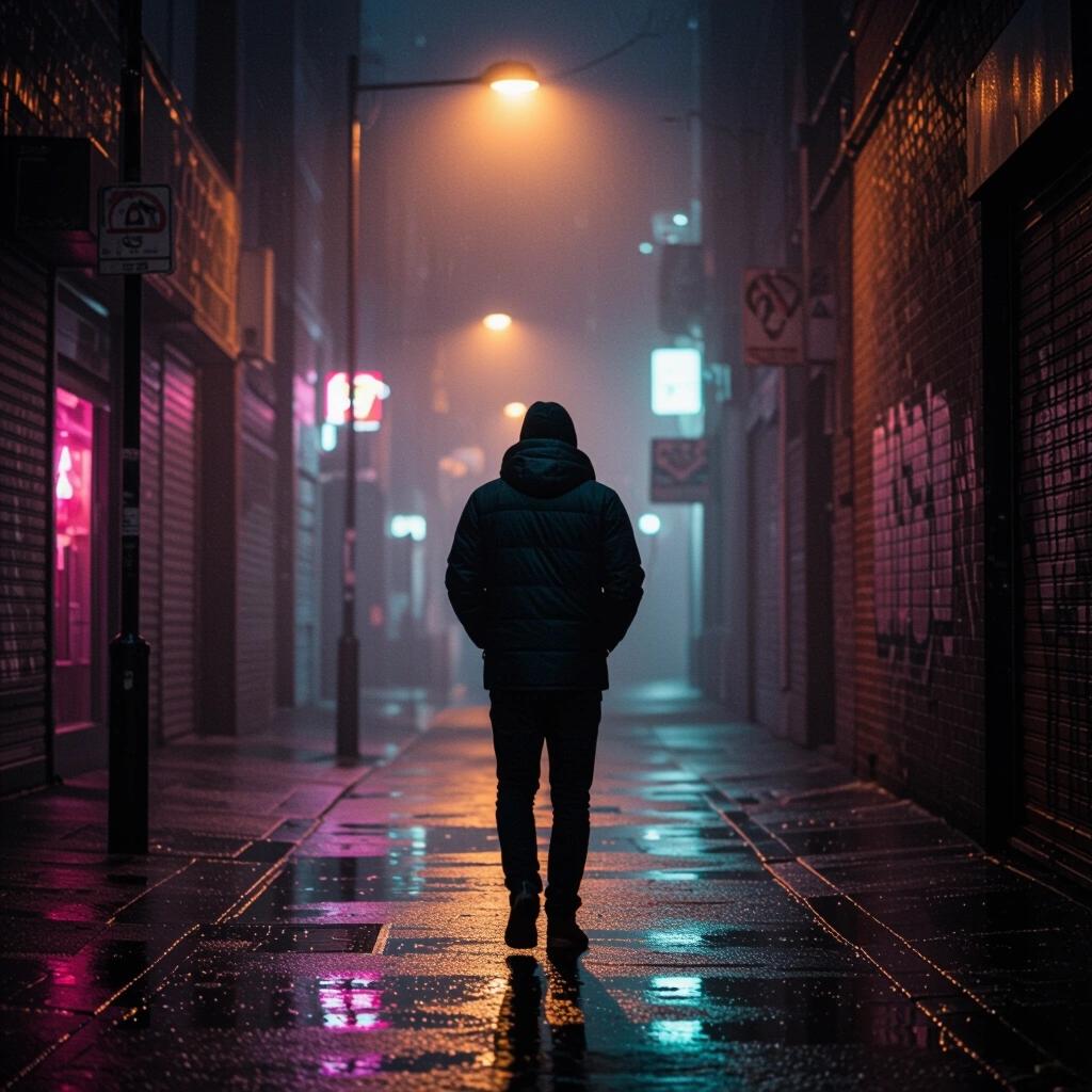 Lone figure wearing puffer jacket in empty urban alley. Streetlight flickers above. Neon reflections on wet pavement. Mist creates moody atmosphere. Shadows add cinematic feel. Low angle emphasizes the scene.