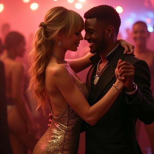Photorealistic image of a young couple dancing in a crowded nightclub. A woman in a gold bodycon dress dances with a black man. He smiles at the camera. A white man in the background looks unhappy.
