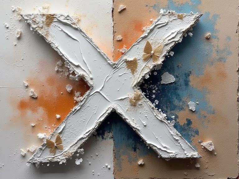 Exquisite textured art piece featuring a large white 'X'. Background includes orange and blue tones. Heavy use of mixed media materials like newspaper, jute, wood, and sand, adorned with glitter and origami. Focus on intricate textures with visible scratches and tears.