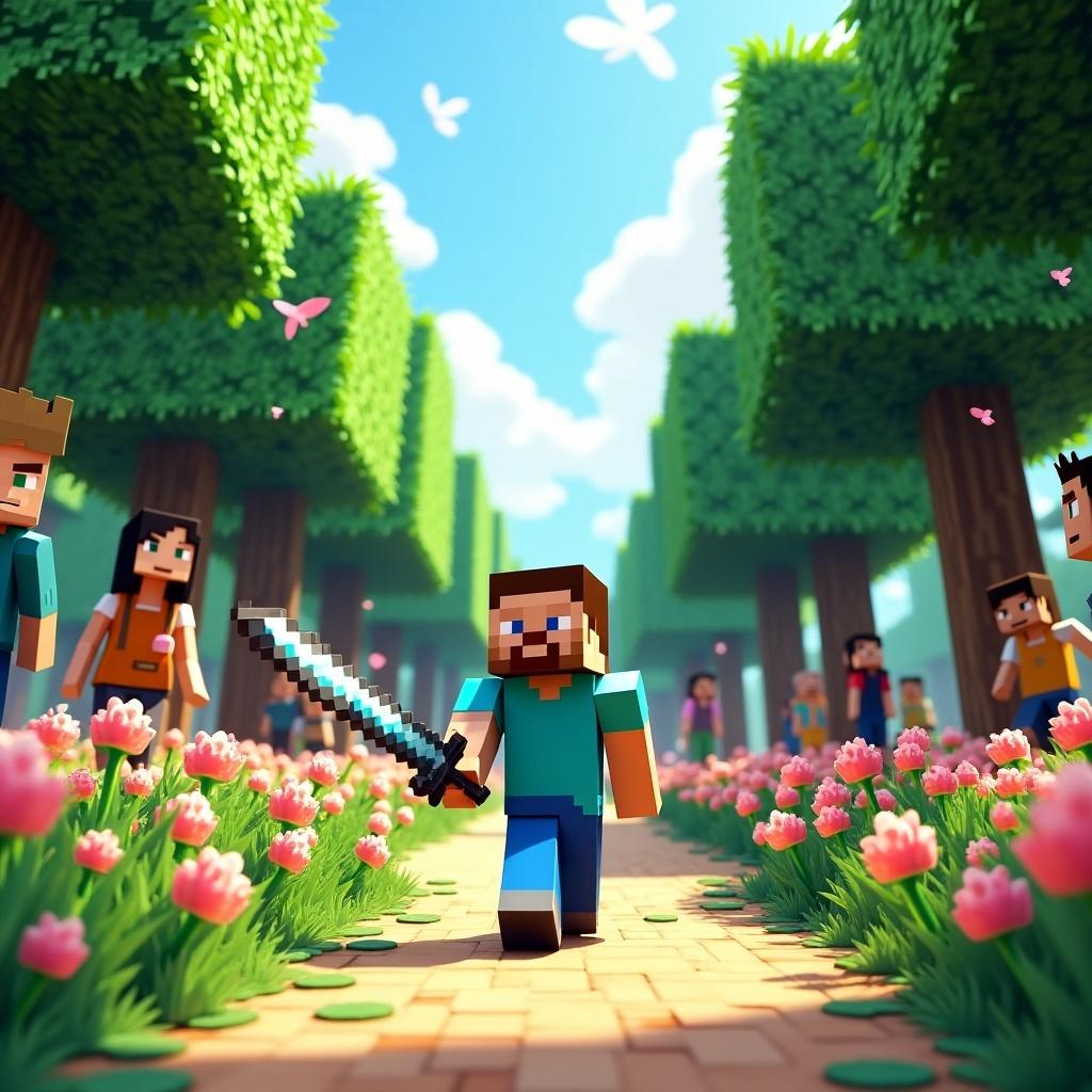 A pixelated character walks through a flower-filled pathway. Character holds a sword ready for adventure. Lush green trees frame the background. Onlookers stroll through the environment. Bright colors evoke playfulness. Artwork merges Minecraft with real-life elements.