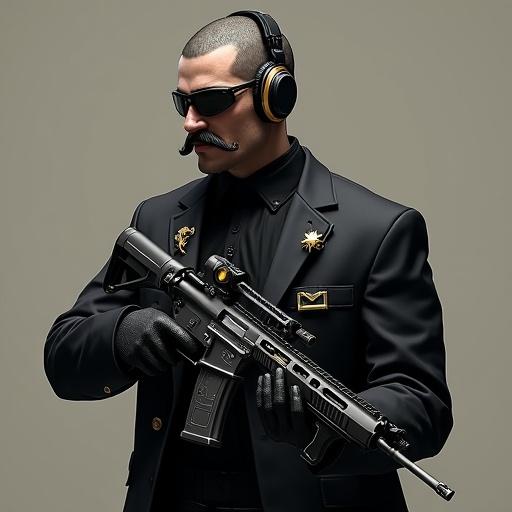 Character concept art of a tactical operator named Sergey 'Concrete' Samsonov from CS:GO. Depicted in a black suit with tactical features and a rifle.