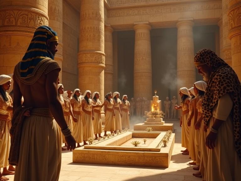 A temple ceremony scene featuring a Pharaoh in a striped nemes and gold collar approaching a shrine. Priests in leopard-print shawls perform wine libations on an alabaster altar surrounded by columns with hieroglyphs and burning incense.