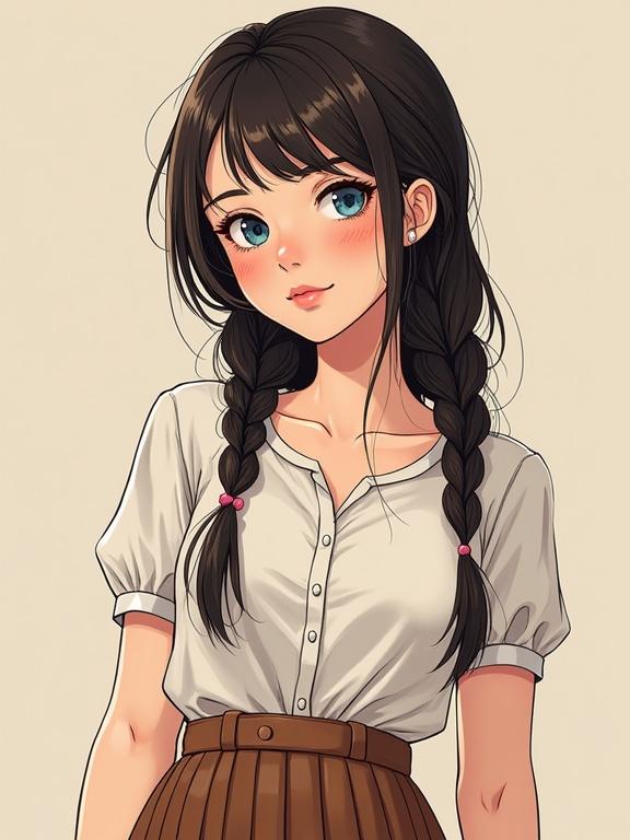Full body portrait female teenager. She has dark brown hair styled in two braids. Dressed in a button-up blouse and a long skirt. Features a cute and youthful expression.