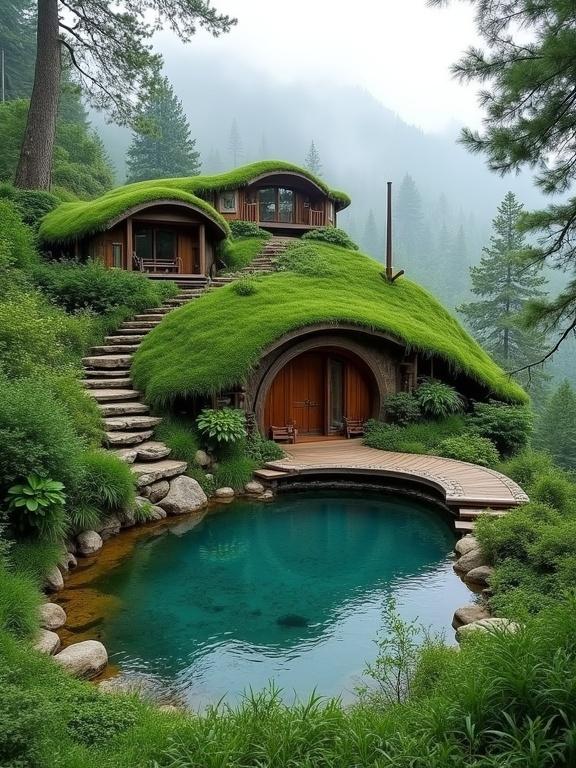 A nature-integrated hillside home inspired by hobbit-style architecture features a circular entrance built into a lush green slope. A crystal-clear pond stretches out front bordered by a wooden deck and vibrant greenery. A small cabin sits above connected by steps. Mist rolls over mountains enhancing the serene atmosphere in this forest retreat.