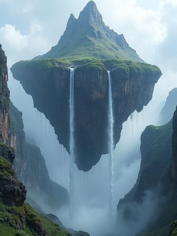 Majestic mountain floating in mid-air with waterfalls cascading down its rocky sides. Mist surrounds the scene creating a surreal atmosphere.