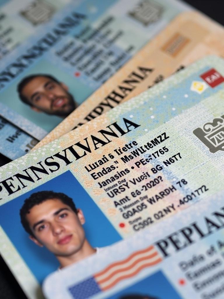 Pennsylvania driver's license is showcased. Name displayed prominently. Indicates age. Date of birth provided. Issued in Pennsylvania. Serves as identification in the US.