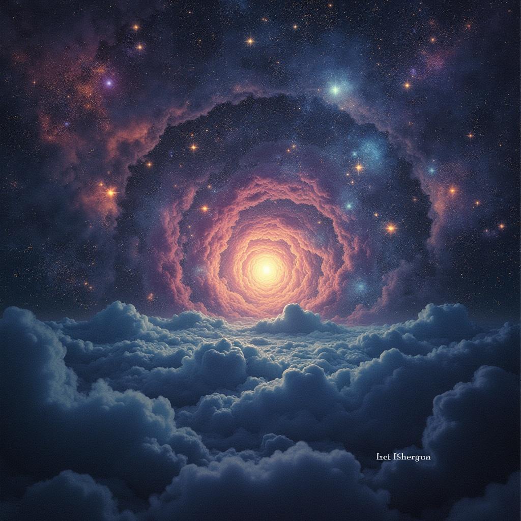 Surreal artwork featuring a cosmic swirl of stars and clouds. Bright center illuminates the scene. Suitable for a music album cover with the text Let Me Know.