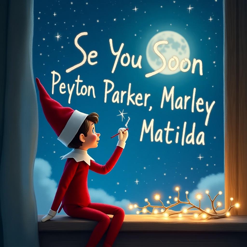 An illustration of an elf sitting by a window at night, wearing a red outfit with a pointy hat. The elf is using a sparkler to write 'See You Soon' in the night sky. Below, you can see the names 'Peyton, Parker, Marley, & Matilda' artistically spelled out. The scene is lit with warm light, creating a cozy ambiance. Outside, the moon shines brightly, adding to the festive feel of the illustration.