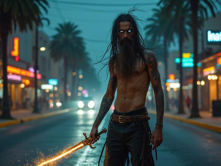 Realistic detail of a slender young male hippie with glowing eyes and tattoos. He holds a sword in smoke-filled downtown city at night. Features palm trees and power lines along with stores and shadows.