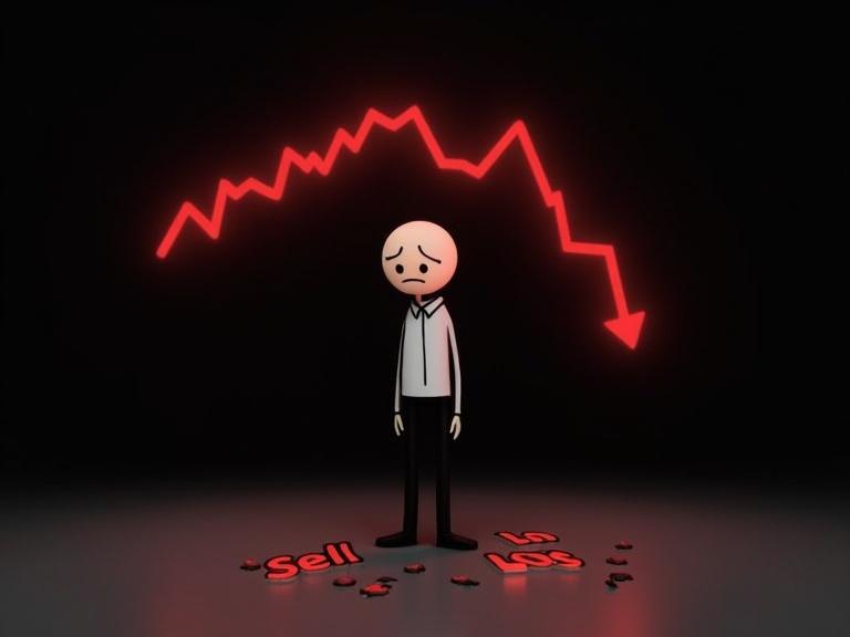 A stickman character with a thin black outline. He has a round head, no hair, and wears a white shirt and black pants. He stands alone in a dark room, looking down with a sad expression. Behind him are faint glowing red candlestick charts showing a downward trend. Scattered on the floor are 'Sell' and 'Loss' symbols, representing bad trades. The background is black with dim red highlights.