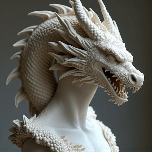 Figure profile featuring a dragon embracing a human figure. The piece showcases hyper-detailed features with an ultra-realistic style. The work is inspired by Baroque aesthetics and resembles a marble carving.