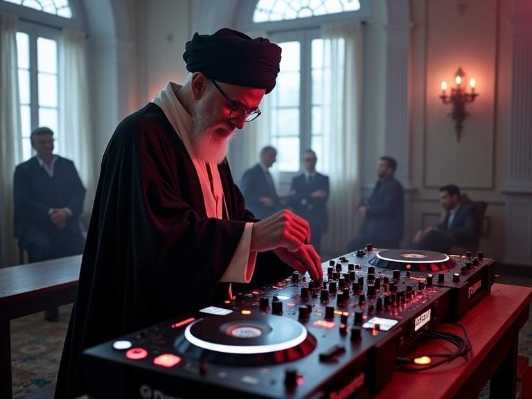 A figure in traditional attire DJ-ing with Pioneer CDJ 3000 at an elegant venue. Background shows a group of people observing. The scene has dramatic lighting and a sophisticated atmosphere.