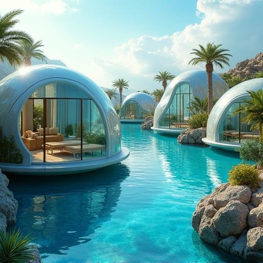 Futuristic dome homes overlooking a serene artificial lake with palm trees. The architecture is glass atriums designed for luxury living. Setting combines natural beauty with modern technology. Ideal for elite residents such as government officials and industry leaders.