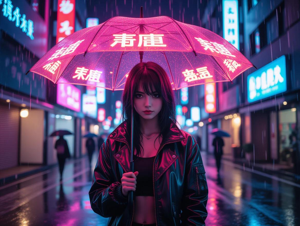 Girl stands under a glowing umbrella. Neon jacket complements the street lights. Rain falls on a Tokyo street. Shallow depth of field creates focus on the girl. Cinematic vibe captured in ultrarealism style with neon noir elements.