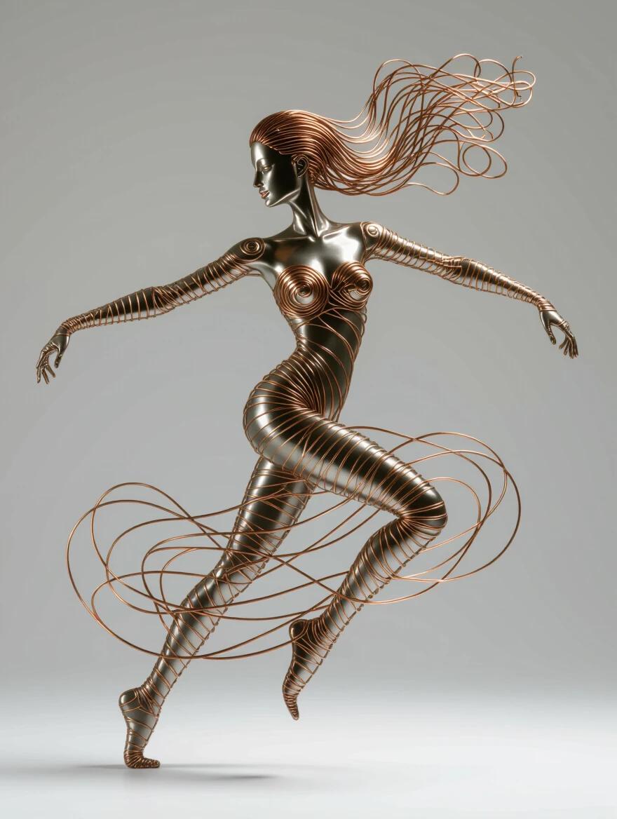 An elegant human figure captured in twisted copper and silver wire. The figure is mid-dance with flowing hair made of cascading wire strands. Every curve and muscle is defined by intricate wire loops and spirals. The sculpture shows a dynamic pose and uses dramatic studio lighting that creates shadows and highlights on metallic surfaces. The artwork fuses sculptural elongation and kinetic energy.