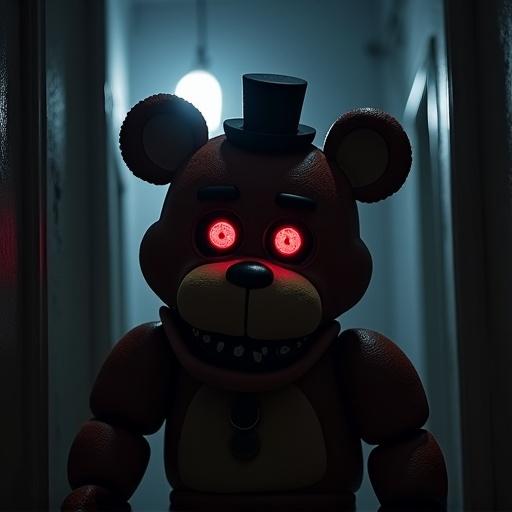 Freddy Fazbear's character stands in a dimly lit hallway. The bear has glowing red eyes. The backdrop shows a dark corridor with shadows. The scene is eerie and mysterious.