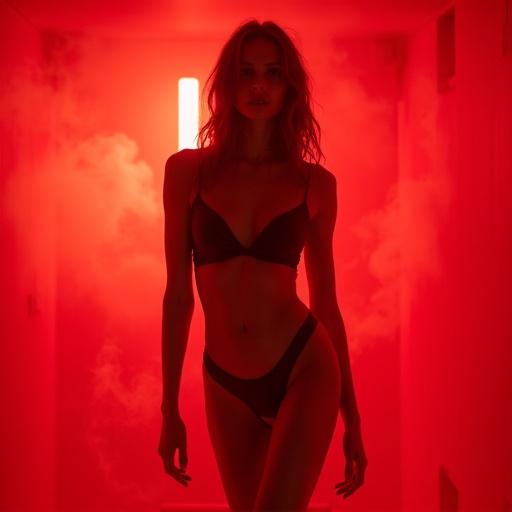 A model in a sleek swimsuit poses in a red room. Warm red light bathes the scene. Low angle captures her close-up with bokeh in background. Swirling smoke adds ethereal quality.