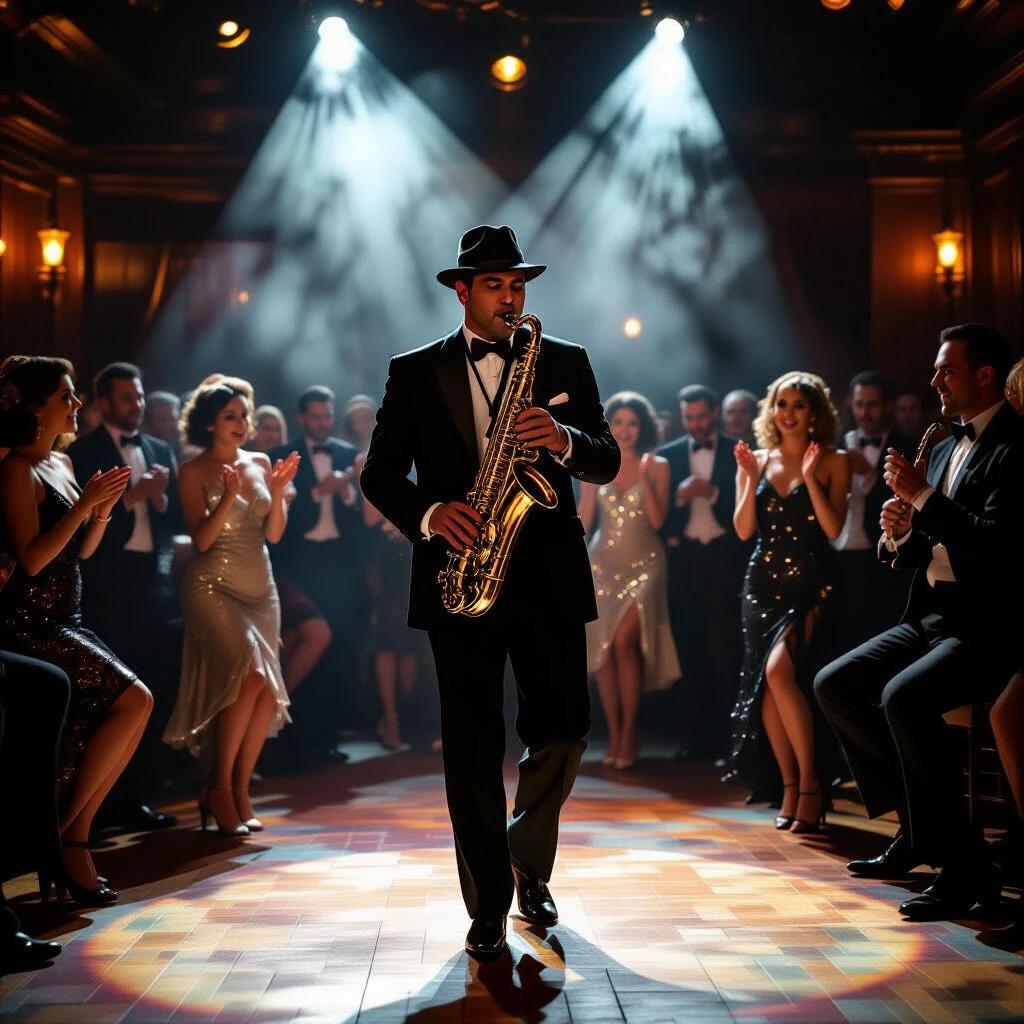 A jazz saxophonist performing on stage surrounded by an audience. The audience is elegantly dressed in 1920s attire. Dramatic lighting highlights the saxophone. The atmosphere is lively and energetic. People are clapping and enjoying the music. The scene is ultra-realistic with a sense of nostalgia.