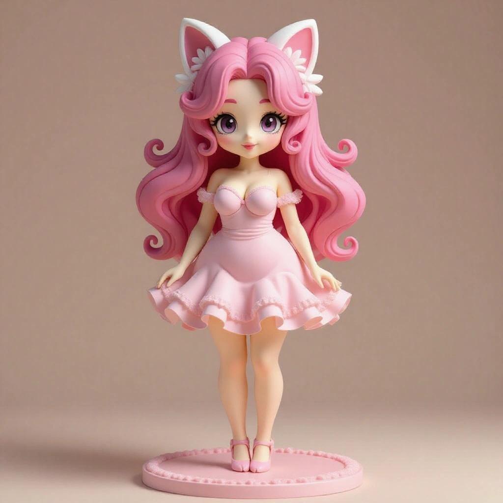 Stylized female figurine inspired by Jigglypuff. Voluptuous body with delicate face and soft expressive eyes. Sweet and charming expression. Light pastel pink dress with tulle details. Long wavy pink hair styled in a high bun with strands over shoulders. Solid base with musical motifs. Holds microphone near mouth as if singing. Rounded ears and short tail integrated into hairstyle. Ethereal design for stability in resin printing.