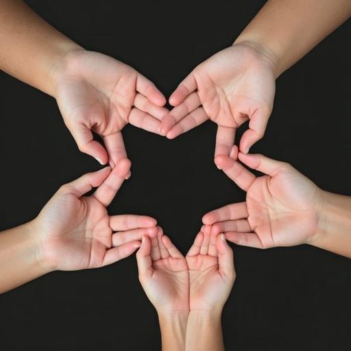 Five hands together forming a star shape with fingers. Fingers pointed and oriented outward. Hands in various skin tones on a black background. Each hand positioned symmetrically to create a centered design.