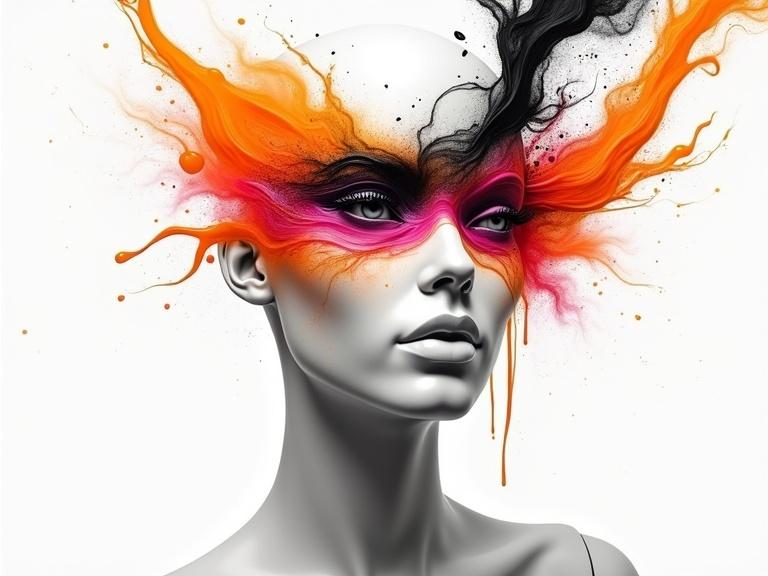 Surreal abstract portrait featuring mannequin-like face. Smooth expression with vibrant fluid elements in orange pink and black swirling around the face. Dynamic layered effect with color splashes and drips against a white background.