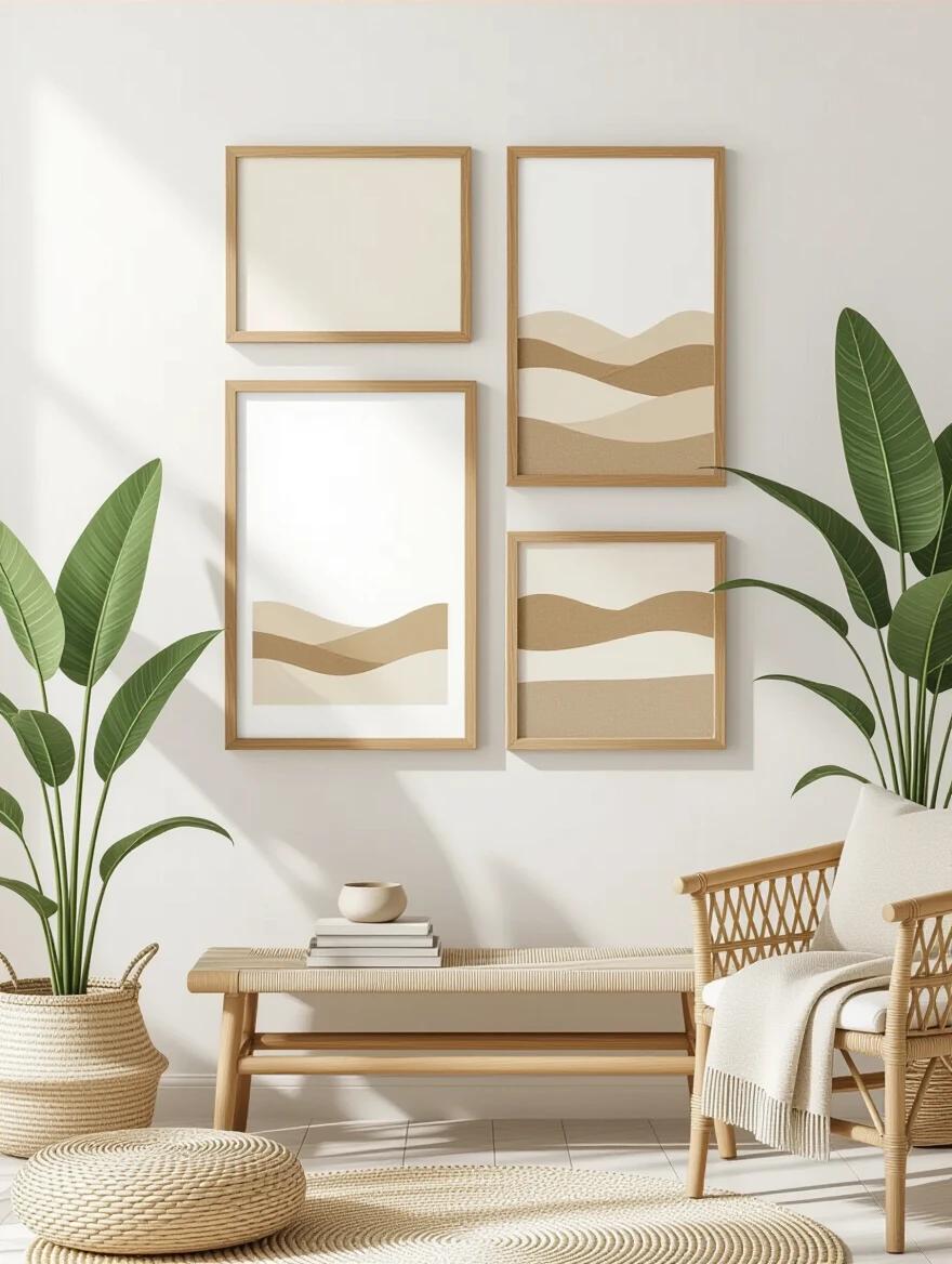 Wall art mockup showcasing three medium-sized square picture frames with wooden frames. Sand colored and earthy tones decor. Two large plants present. Furniture in a zen-like arrangement. Light colored walls in a well lit room. All picture frames fully visible and unobstructed.