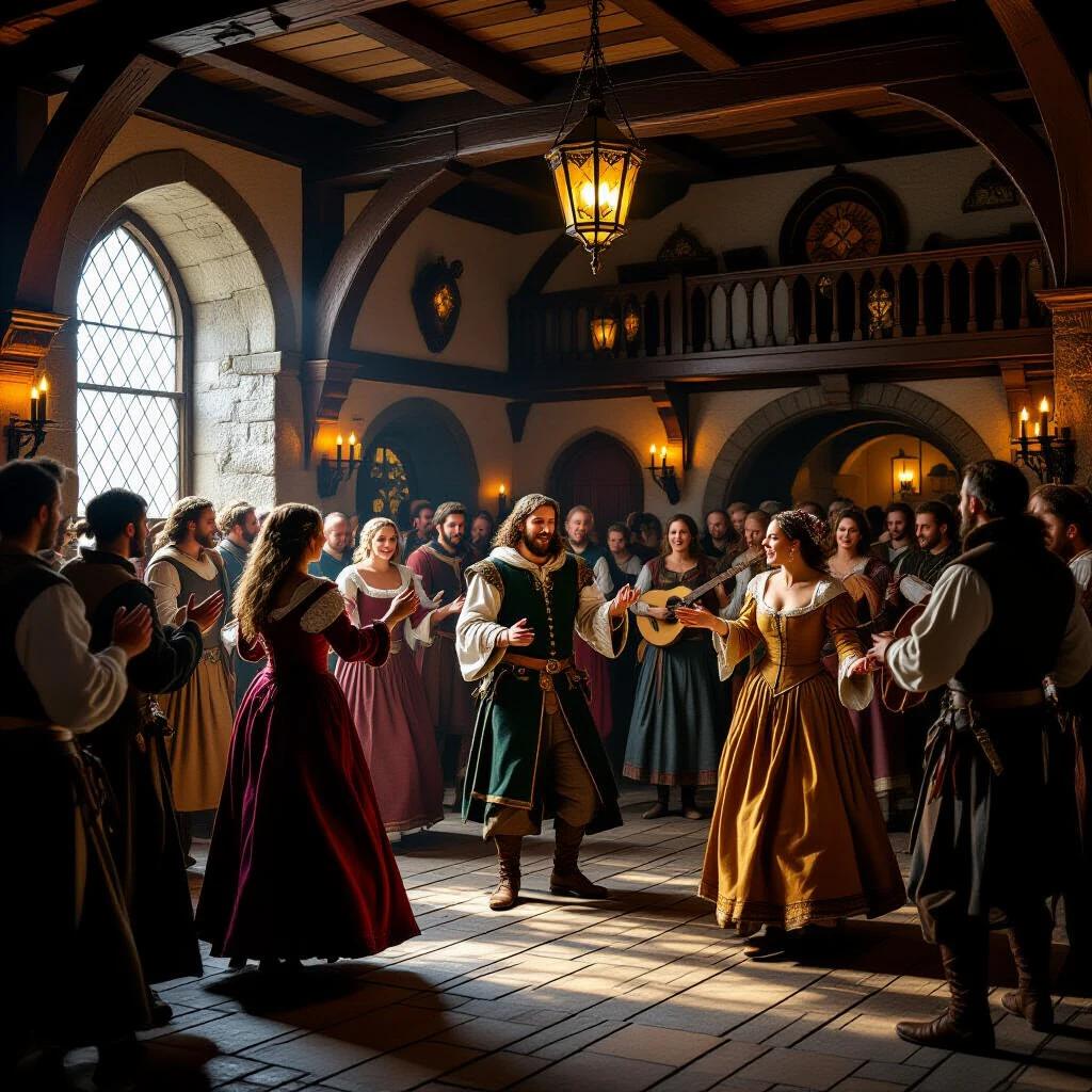 Interior setting of a medieval inn. People dancing in elaborate medieval dresses. A troubadour entertains the crowd. The atmosphere is joyful and filled with life. Ultra-realistic depiction with detailed elements and cinematic lighting.
