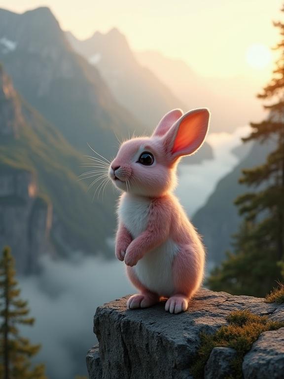 Hyper-realistic scene featuring a large rabbit with soft pink and white fur. The rabbit stands on a steep mountain cliff. It gazes down into a deep valley. The rabbit's expression is shocked with wide eyes. Ears raised and tense posture indicate disbelief. Background includes pine-covered mountains, misty gorge, and golden sunset light. Fur is finely detailed and looks natural. The overall tone conveys drama and curiosity.