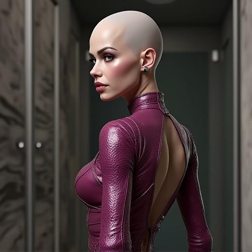 Ultra realistic character inspired by Ivy Valentine. She is posed with her back to the camera, face turned to camera. Subject appears 40 years old.