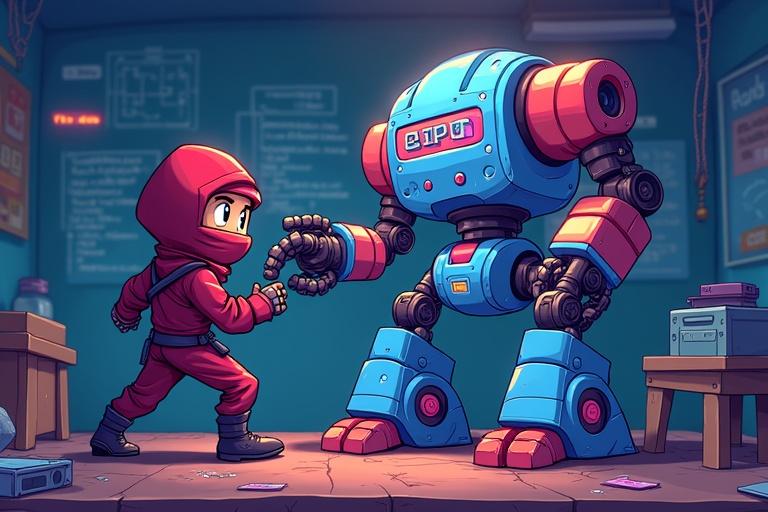 Design a 16:9 thumbnail. Ninja and giant robot in a tech workshop. Robot partially completed with programming concepts. Bright friendly colors. Headline at the top in neon.