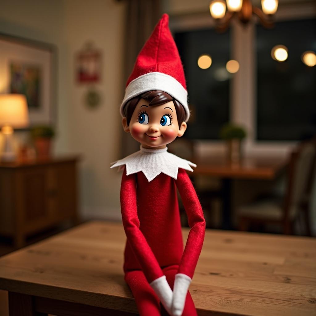 Create a detailed background image showing an elf on the shelf causing mischief in a cozy home.