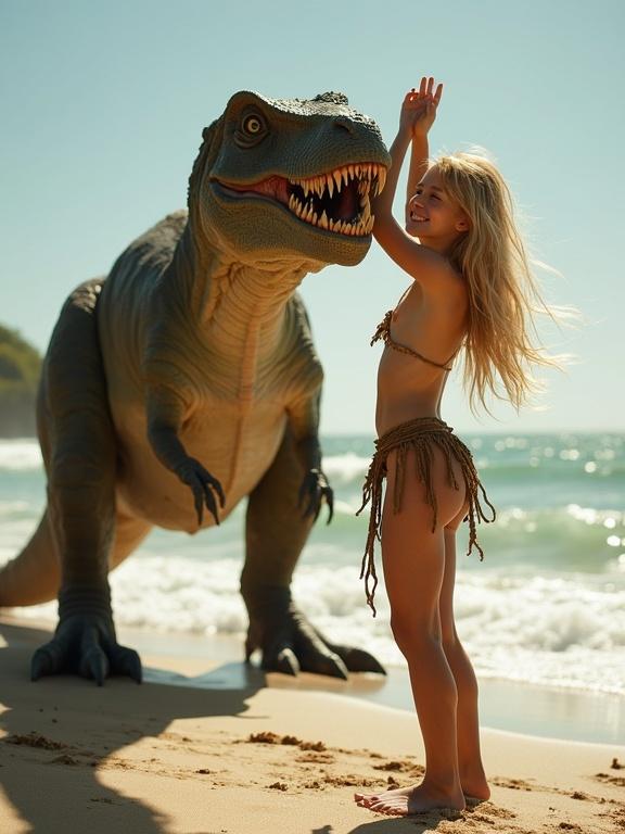 A beautiful young girl dancing on the beach with a large dinosaur. The girl has long blonde hair and a tanned complexion. She wears tattered clothing. The dinosaur is friendly, with an open mouth but a gentle demeanor. Both are under bright sunlight, beside crashing waves.