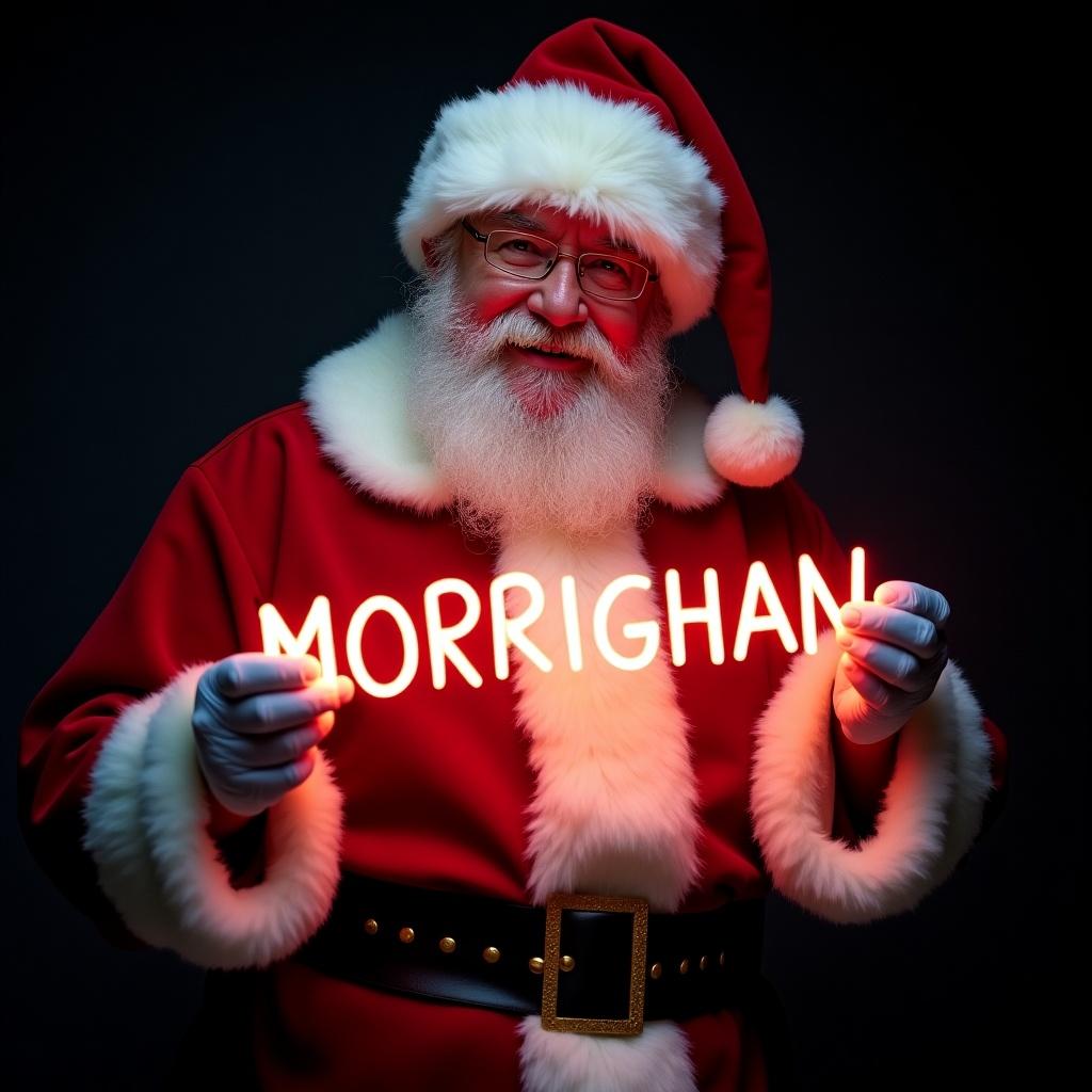 Image of Santa Claus in traditional red and white suit. He is holding a glowing stick displaying the name 'MORRIGHAN.' Background is dark. Santa appears jolly and warm. The scene conveys Christmas magic and joy.